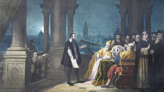 Galileo using his telescope to teach about the cosmos. 